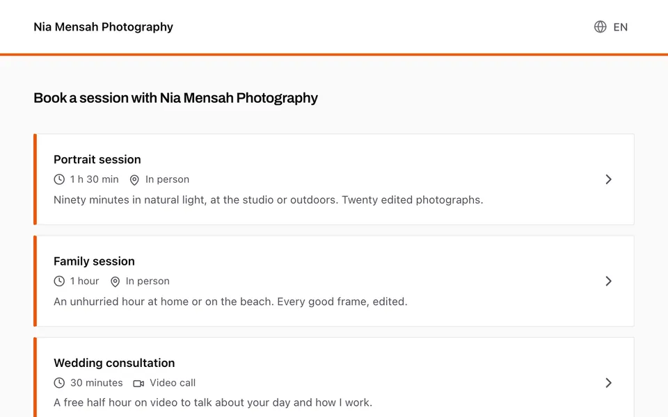 A booking page with sessions to choose from.