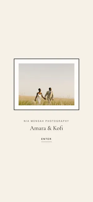 A client gallery open on a phone: the cover photograph, the studio's name and the first photographs.
