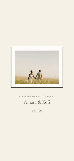 Une galerie client ouverte sur un téléphone : la photo de couverture, le nom du studio et les premières photos.