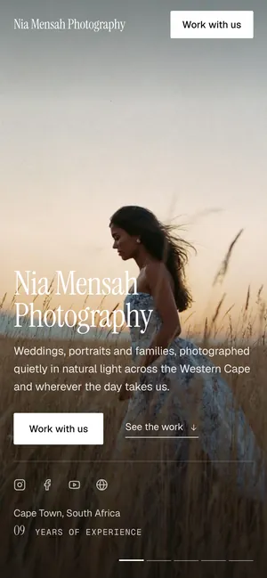 The same portfolio on a phone, with the Work with us button at the top.